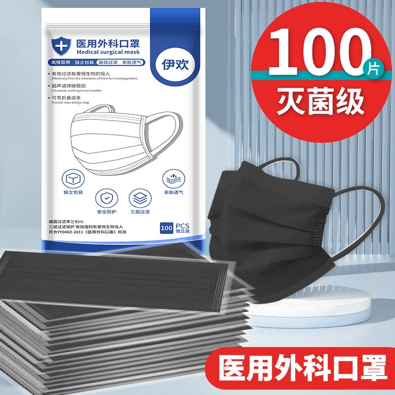 医用外科口罩一次性医疗灭菌级黑色成人三层防护独立包批发现货图3
