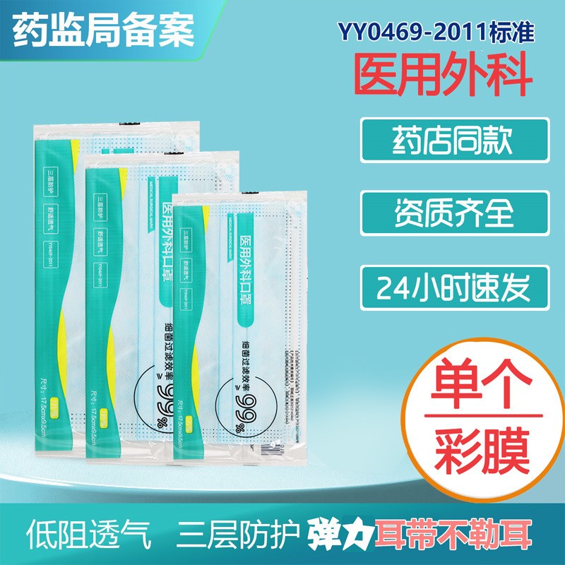 批发一次性三层防护医用外科口罩独立包装成人药店医用级 口罩现货图2