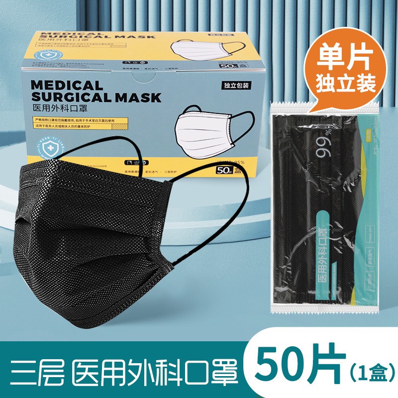 黑色医用外科口罩50只独立包装一次性三层防护医用级批发透气夏季图2