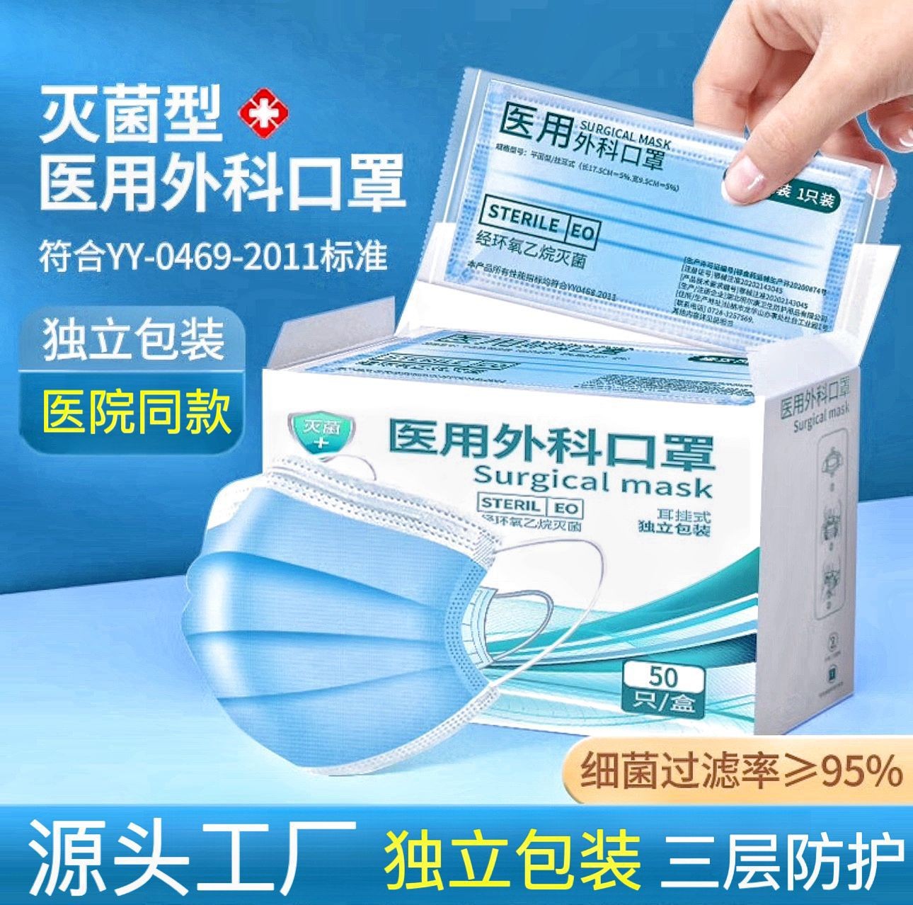 一次性医用外科口罩独立包装三层防护灭菌级口罩医用级一 次性批发图3